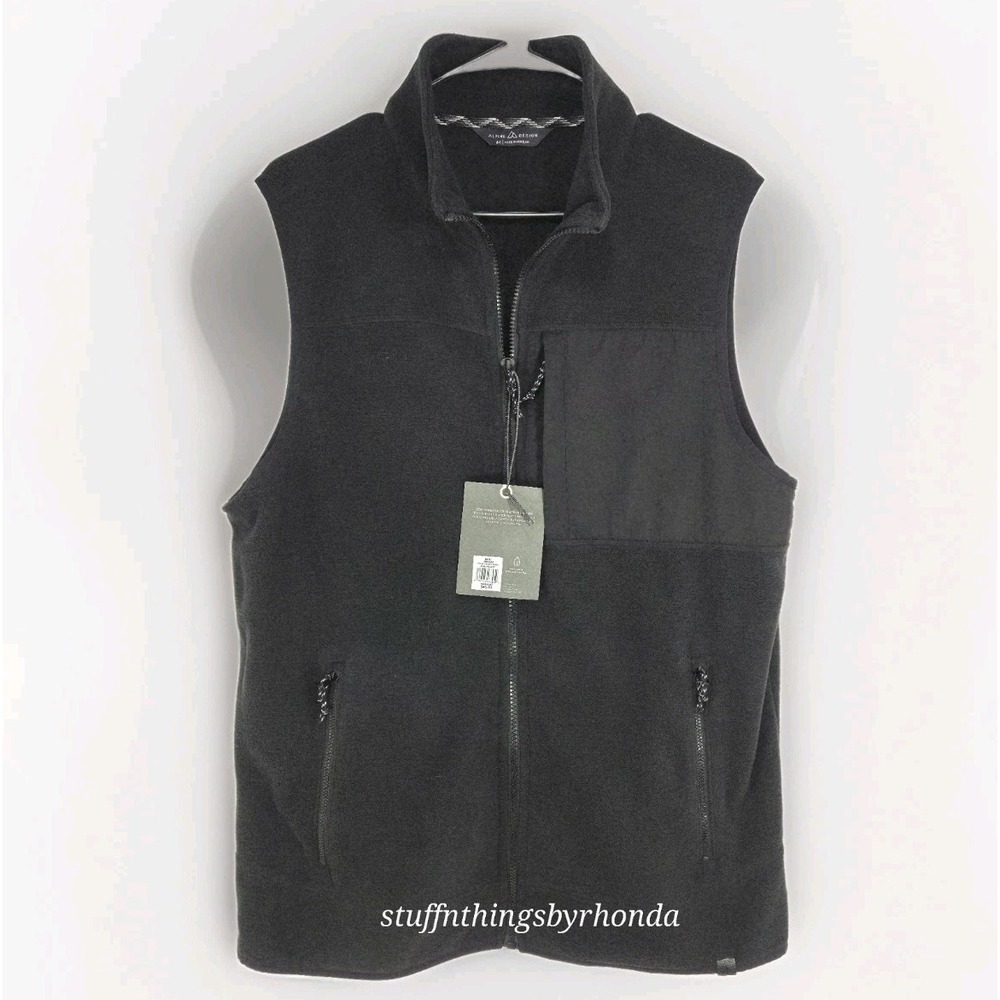 NEW Alpine Mens Medium Fleece Vest Black Back Pockets Full Zip Polyester Comfort